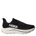 A pair of women's Hoka Clifton 10 running shoes in black color with white lace and midsole.