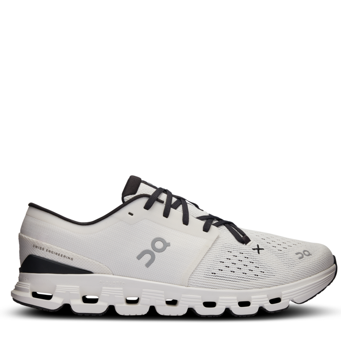 A pair of men's running shoes with a white mesh upper and a black X-shaped Speedboard, designed for hiit workouts and stability during multilateral movements.