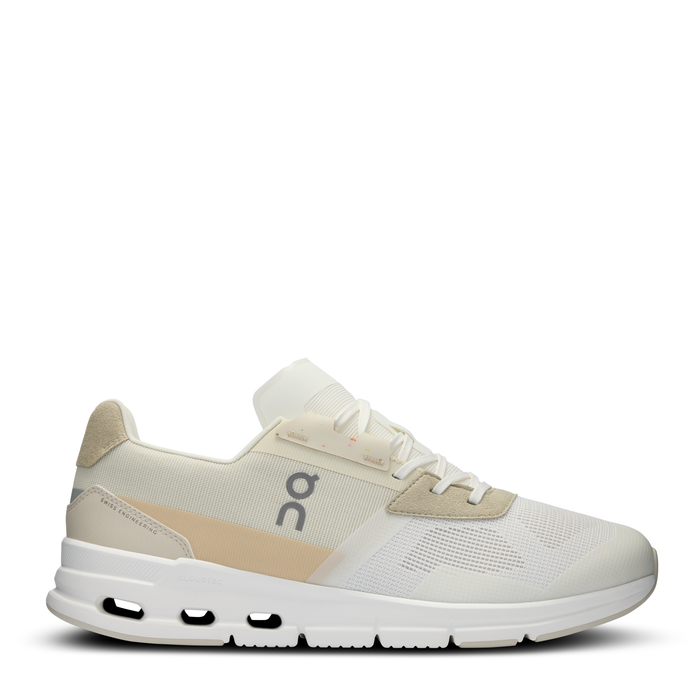 A pair of men's running shoes with a beige mesh upper and a white CloudTec sole.