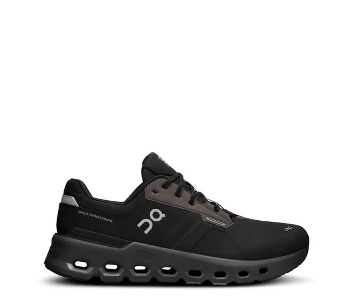 A black men's running shoe with a waterproof mesh upper and a thick cushioning sole.