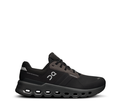 A black men's running shoe with a waterproof mesh upper and a thick cushioning sole.