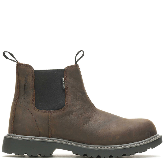 A brown, waterproof work boot with a steel toe and a mesh lining at the top, featuring a rubber outsole and a nylon shank.
