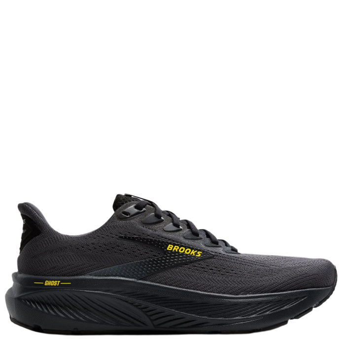 Black running shoe with 'Brooks' branding on a white background