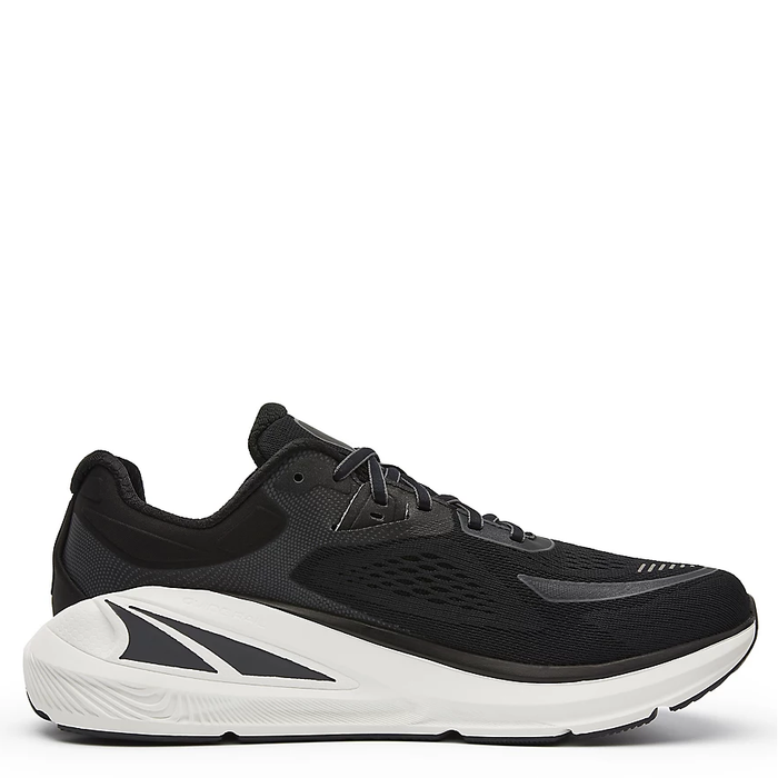 A pair of men's Altra Paradigm 7 running shoes in black color with white midsole and mesh upper.