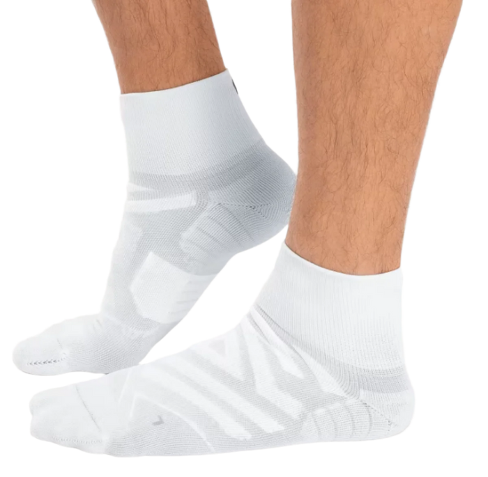 A pair of white men's performance mid socks with a gray design on the side, displayed against a plain background.