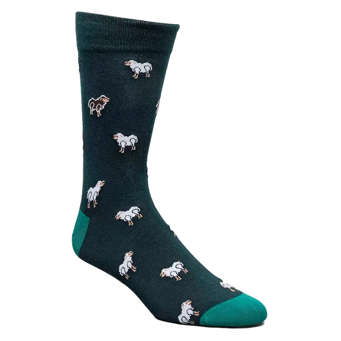 Dark green sock with horse pattern on a white background