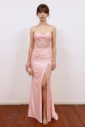 Mermaid Corset Bodic Split Pink Prom Dress Formal Gown with Appliques
