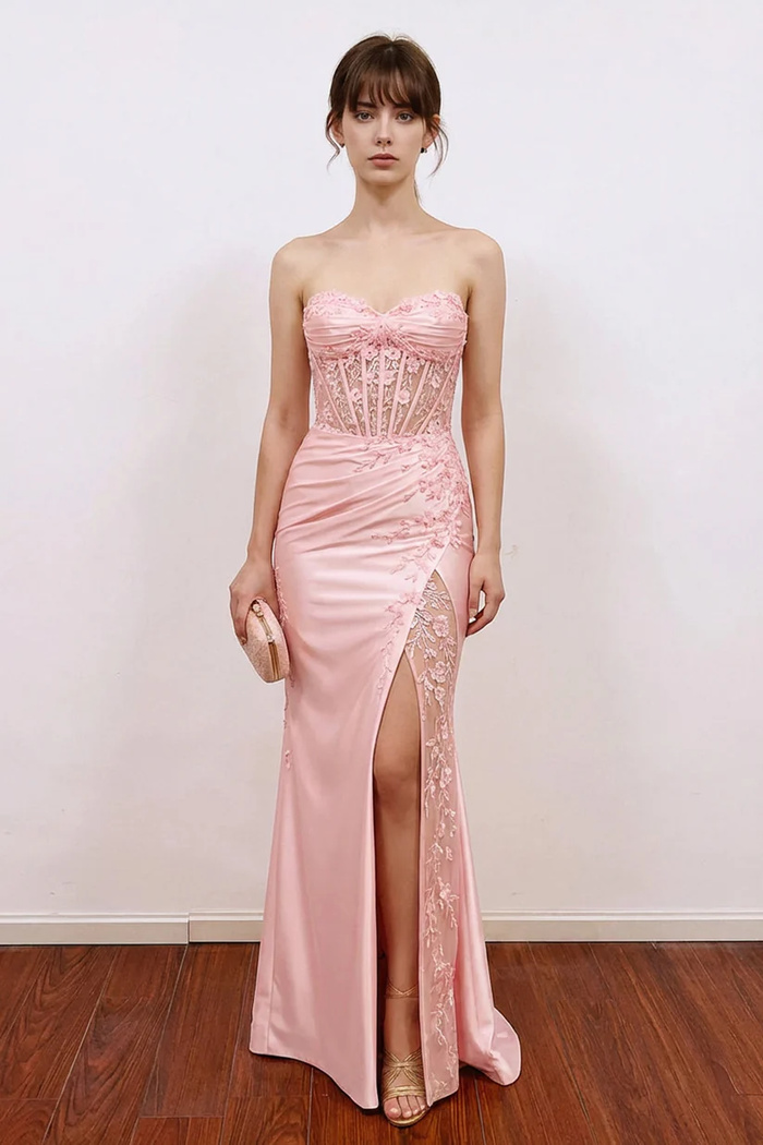 Mermaid Corset Bodic Split Pink Prom Dress Formal Gown with Appliques