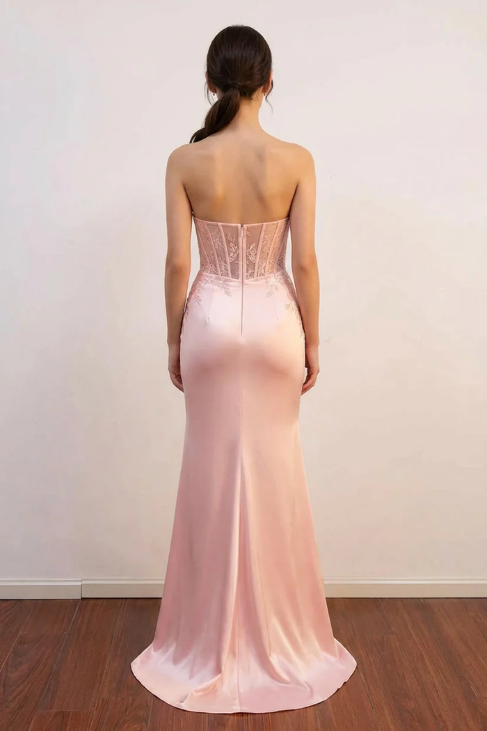 Mermaid Corset Bodic Split Pink Prom Dress Formal Gown with Appliques