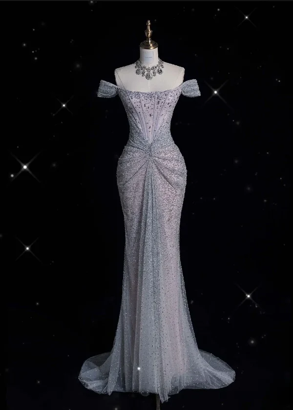 Mermaid Gown💍 Off The Shoulder Tulle Sequins Long Prom Dress for Formal Events