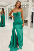 Mermaid Satin Sequin Beaded Prom Dresses Long Evening Gowns with Slit