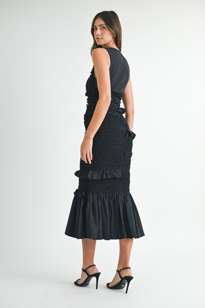 Mermaid Smocked Black Midi Dress