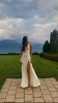 Mermaid Spaghetti Straps Floor-length White Slit Evening Dress Prom Dresses