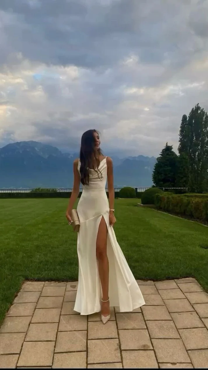 Mermaid Spaghetti Straps Floor-length White Slit Evening Dress Prom Dresses