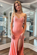 Mermaid Strapless Coral Satin Beaded Long Prom Dresses with Slit