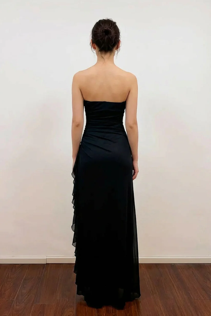 Mermaid Strapless Empire-Waist Pleats Appliques Black Prom Dress