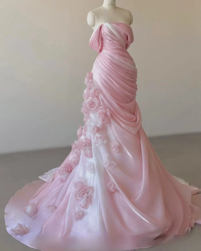 Mermaid Strapless Pink Long Floral Prom Dresses Party Dress