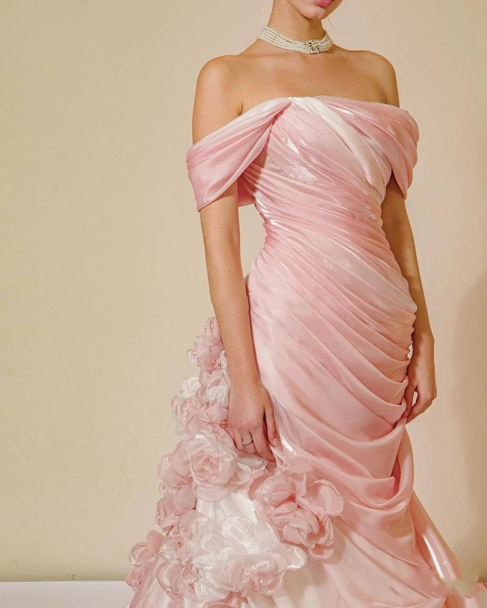 Mermaid Strapless Pink Long Floral Prom Dresses Party Dress