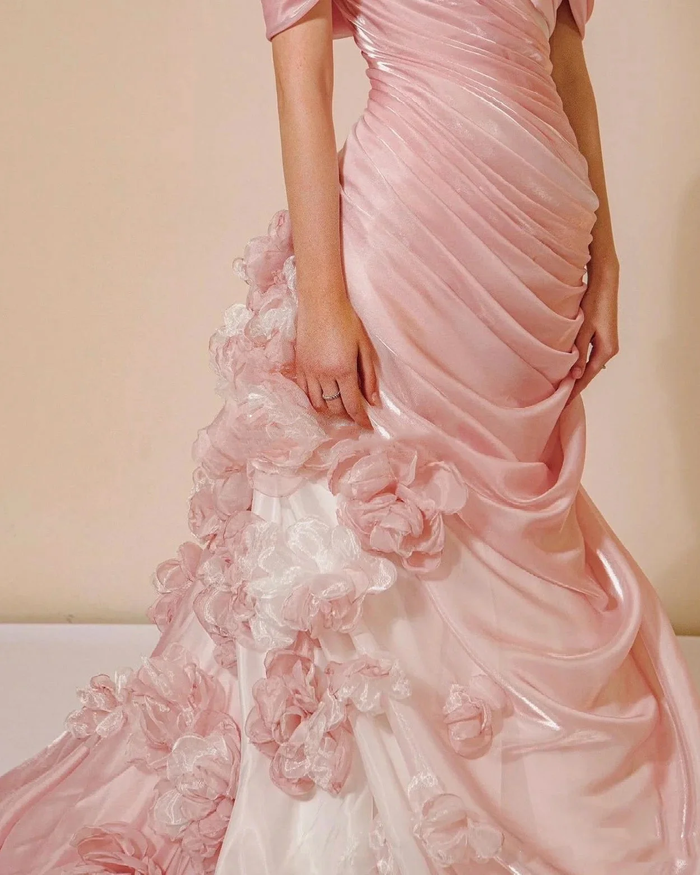 Mermaid Strapless Pink Long Floral Prom Dresses Party Dress