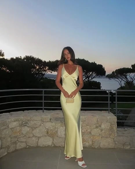 Mermaid V Neckline Long Yellow Satin Party Dresses Prom Dresses