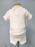 White knit baby boy outfit with vest.
