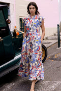 Mock Neck Flutter Maxi- Chennai Cobalt
