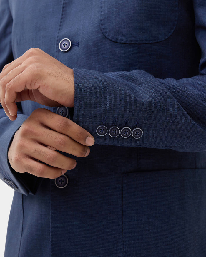 Navy Solid Linen Bandhgala - Caizo