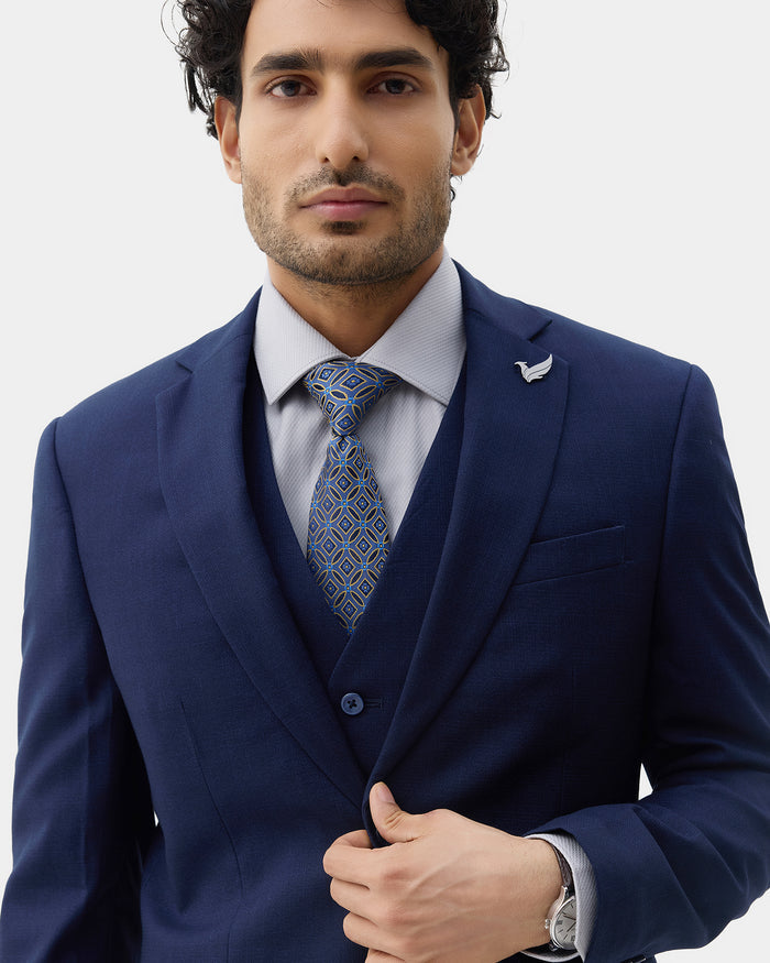 Navy Three Piece Textured Suit - Lenzo