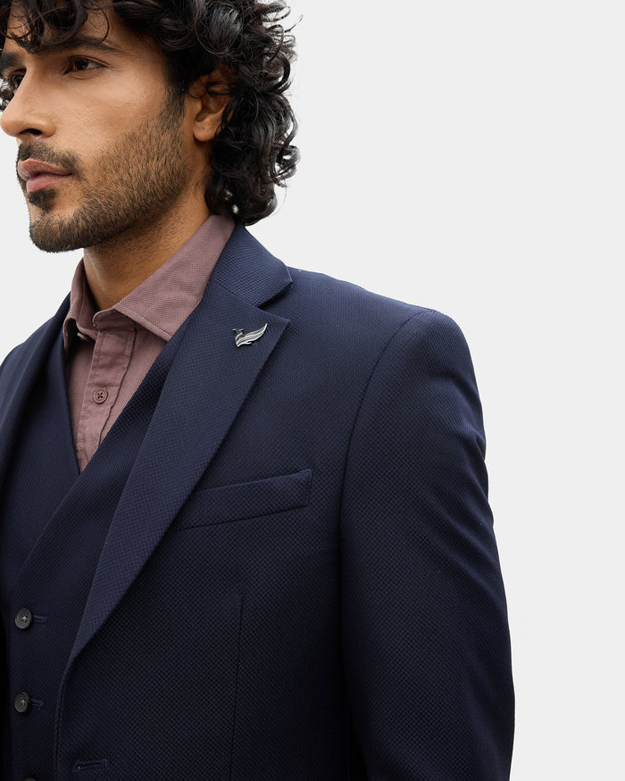 Navy Three Piece Textured Suit - Tristan