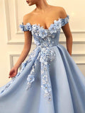 Off Shoulder Blue Lace Prom Dresses Long, Blue Floral Off the Shoulder Formal Graduation Evening Dresses