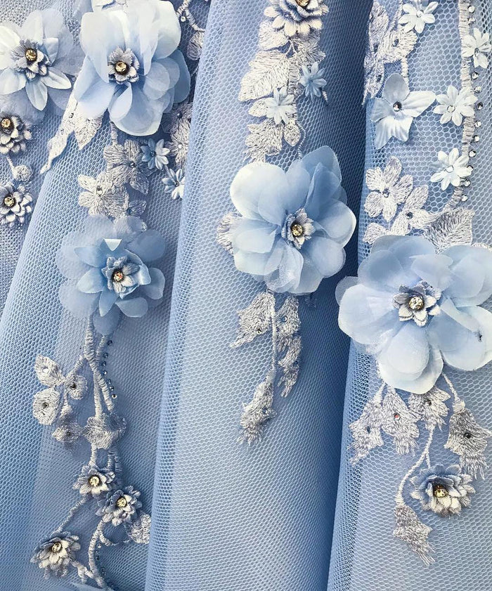 Off Shoulder Blue Lace Prom Dresses Long, Blue Floral Off the Shoulder Formal Graduation Evening Dresses