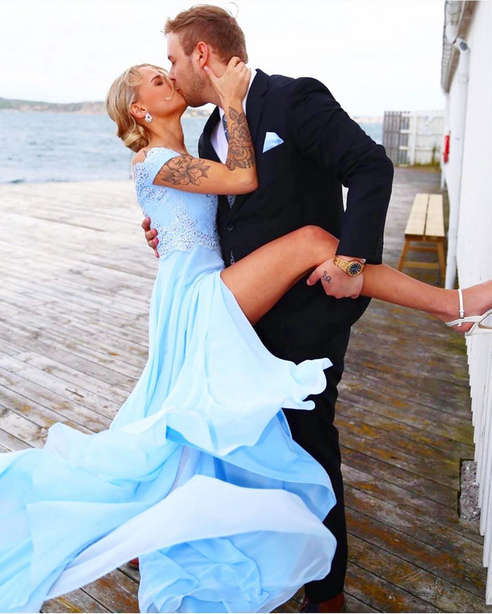 Off Shoulder Blue Lace Prom Dresses, Off the Shoulder Blue Lace Bridesmaid Dresses, Long Formal Dresses