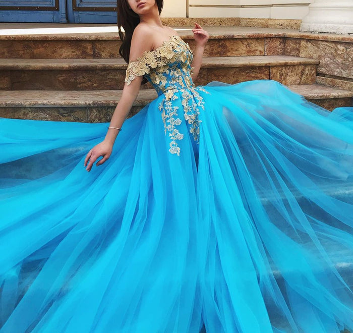 Off Shoulder Blue Lace Prom Dresses, Off the Shoulder Long Lace Formal Evening Dresses