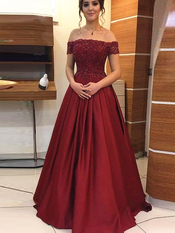 Off Shoulder Burgundy Lace Prom Dresses, Off Shoulder Burgundy Lace Formal Graduation Evening Dresses
