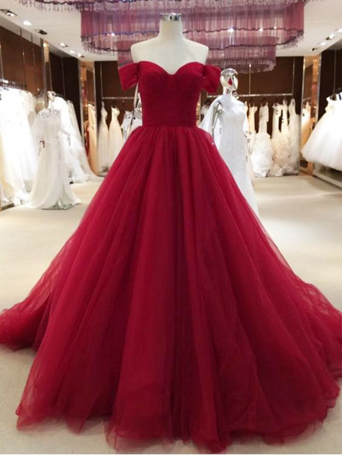 Off Shoulder Floor Length Burgundy Prom Gown, Burgundy Off Shoulder Formal Dresses, Graduation Dresses