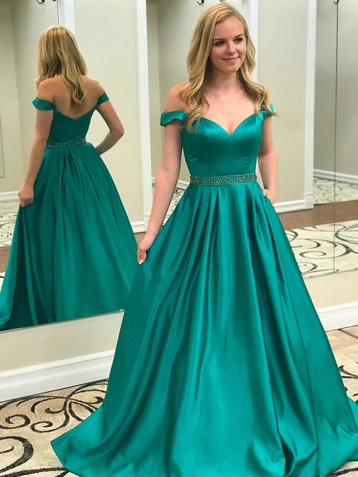 Off Shoulder Green Prom Dresses, Off the Shoulder Green Long Formal Graduation Evening Dresses