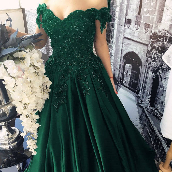 Off Shoulder Green Purple Lace Prom Dresses, Off the Shoulder Long Lace Formal Evening Dresses
