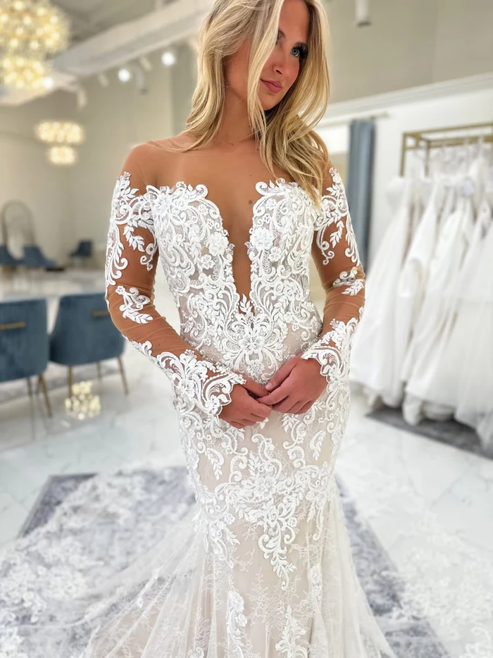 Off Shoulder Long Sleeves Tulle Lace Appliqued Mermaid Wedding Dresses for Bride
