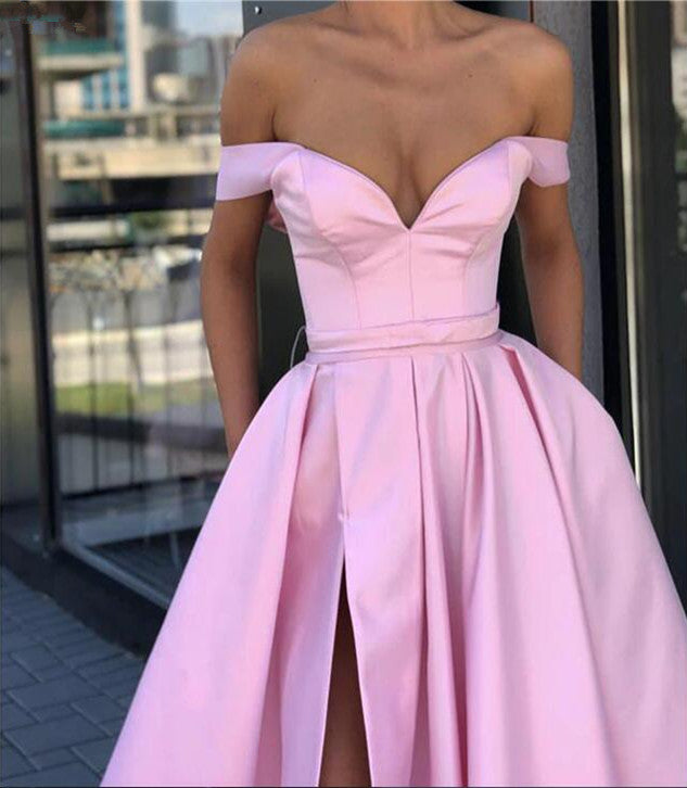 Off Shoulder Pink High Slit Prom Dresses, Off Shoulder Formal Dresses, Graduation Dresses