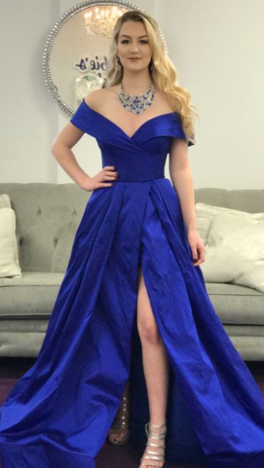 Off Shoulder Royal Blue High Slit Prom Dresses, Off Shoulder Formal Dresses, Graduation Dresses