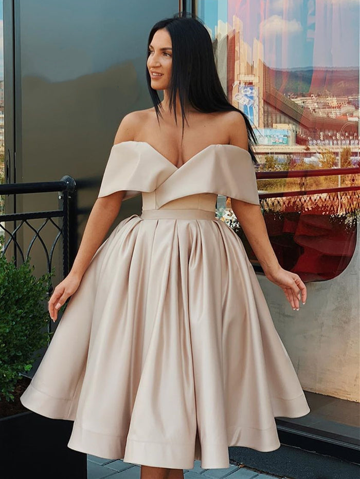 Off Shoulder Short Champagne Prom Dresses, Short Champagne Formal Homecoming Graduation Dresses