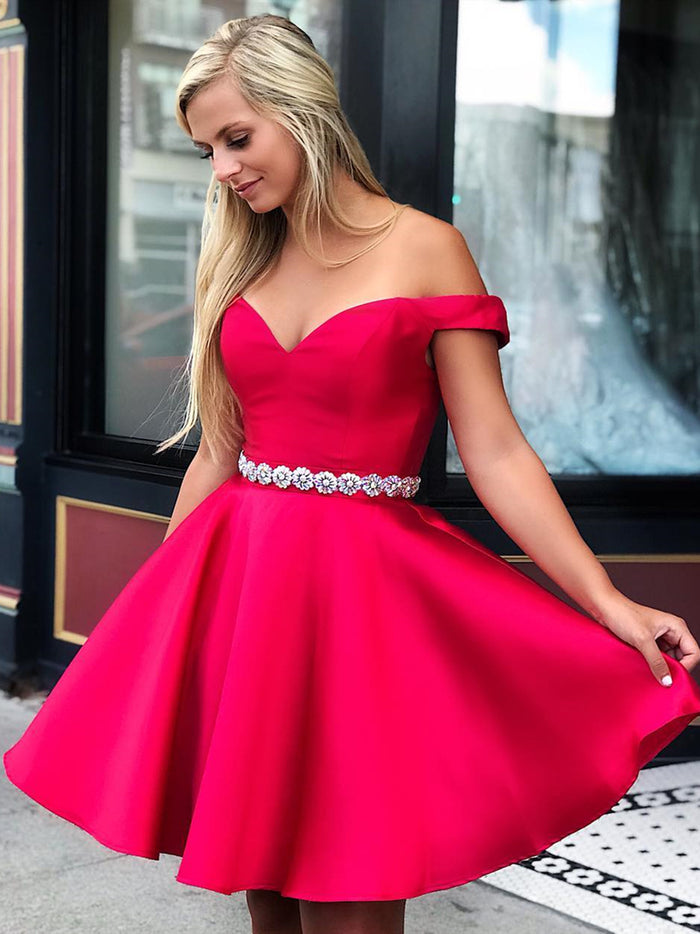 Off Shoulder Short Pink Prom Dresses, Pink Off the Shoulder Short Graduation Formal Evening Dresses