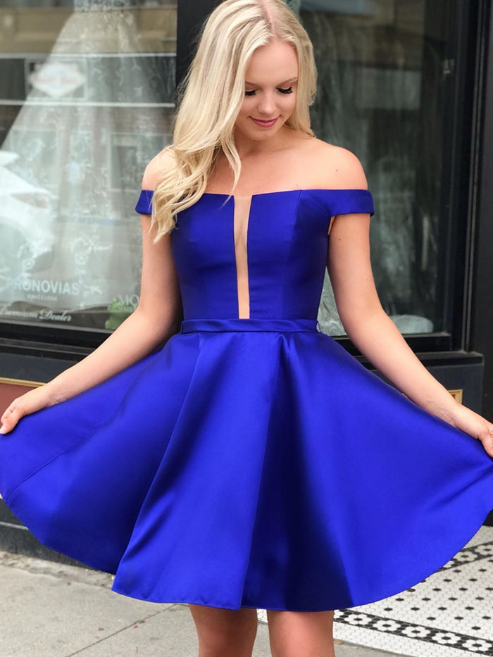 Off Shoulder Short Royal Blue Prom Dresses, Short Royal Blue Formal Homecoming Dresses