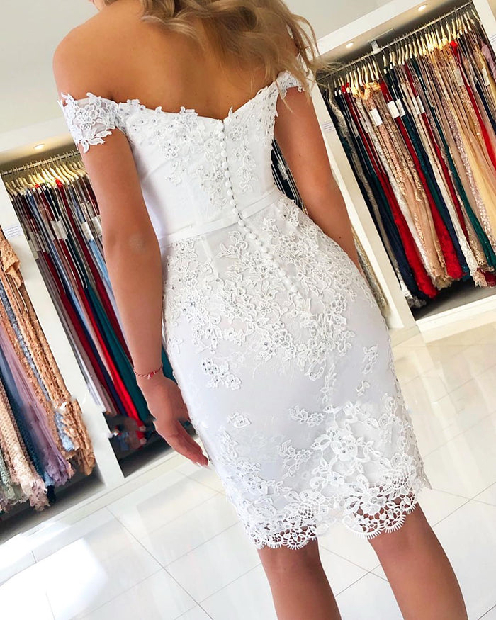 Off Shoulder Short White Lace Prom Dresses, Off The Shoulder Short White Lace Graduation Formal Homecoming Dresses