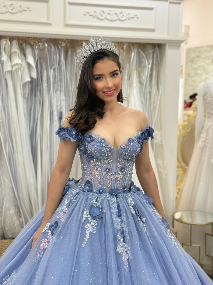 Off Shoulder Tulle 3D Flower Appliqued Quinceanera Dresses for Sweet 16 Birthday