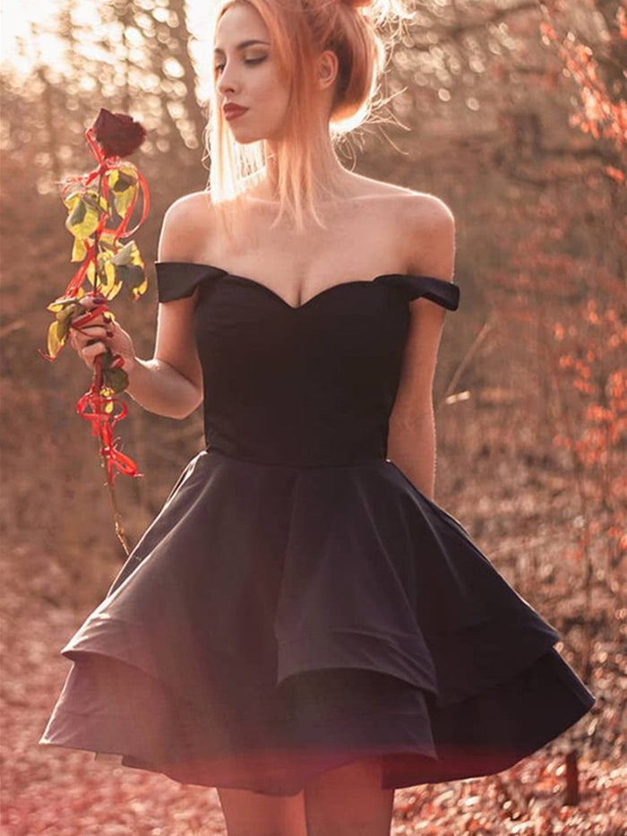 Off the Shoulder Short Black Prom Dresses, Short Black Off Shoulder Formal Graduation Homecoming Dresses