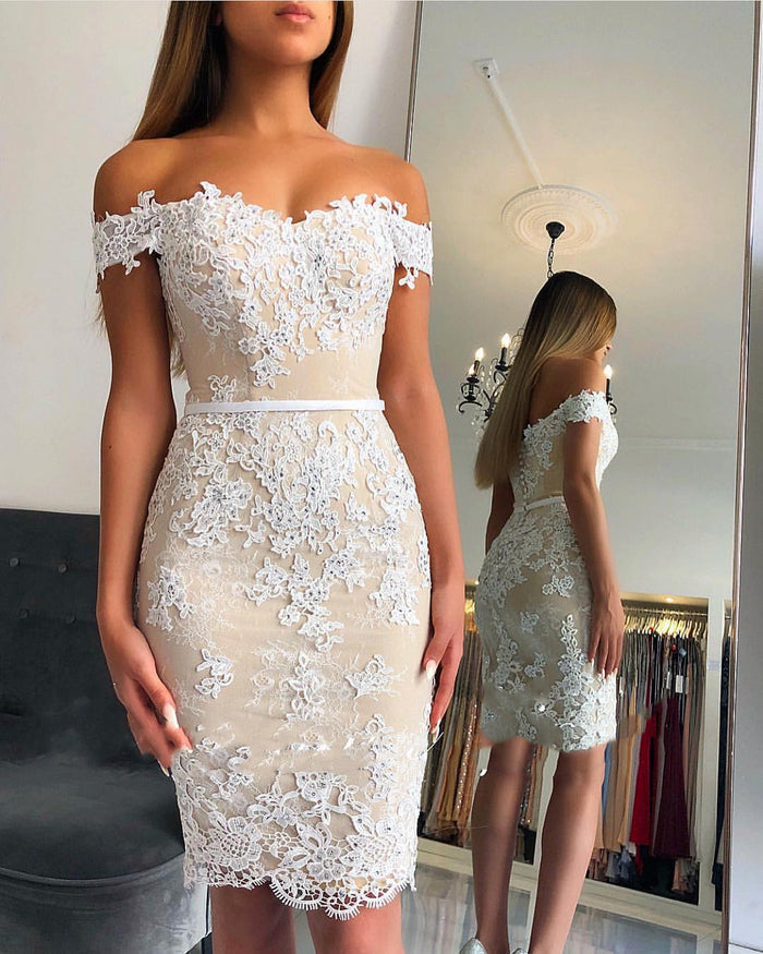 Off The Shoulder Short Champagne Lace Prom Dresses, Off Shoulder Short Champagne Lace Formal Graduation Dresses