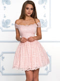 Off the Shoulder Short Pink Red Lace Prom Dresses, Short Off Shoulder Lace Fomal Homecoming Dresses