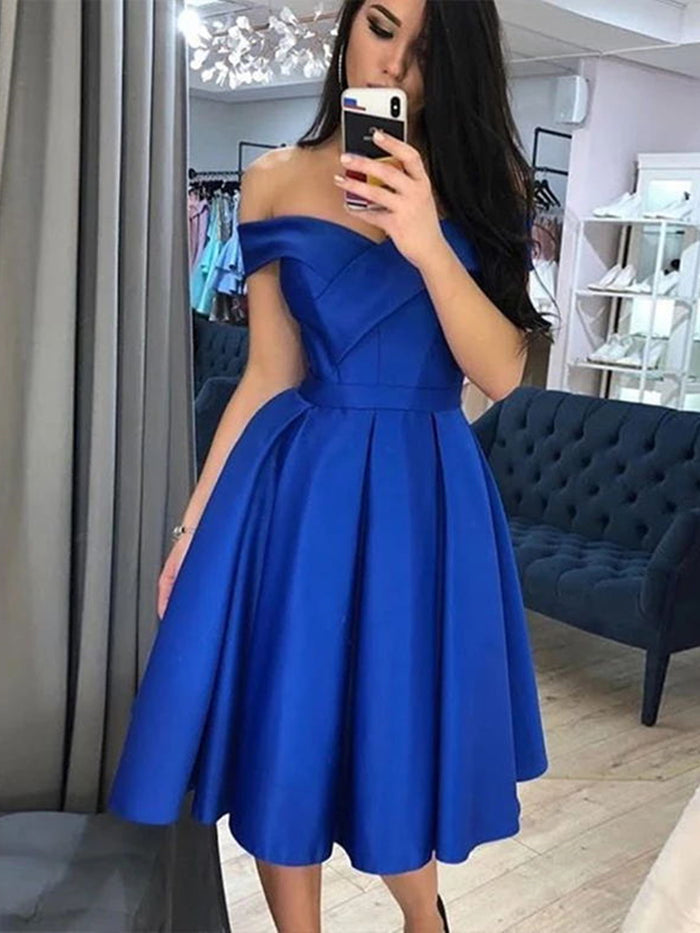 Off the Shoulder Short Royal Blue Prom Dresses, Short Royal Blue Formal Graduation Homecoming Dresses