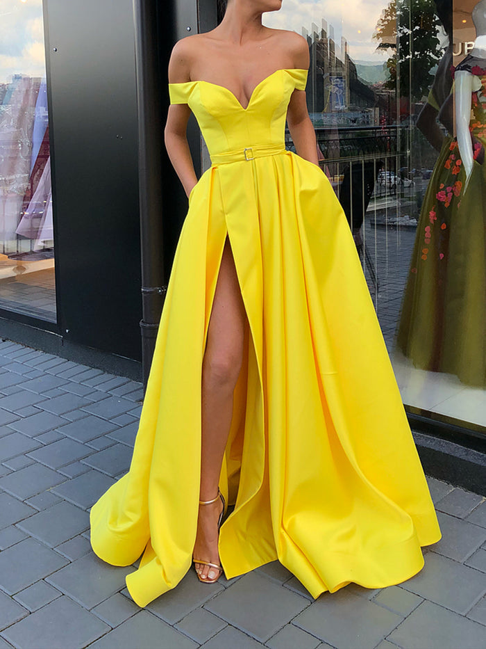 Off the Shoulder Yellow Prom Dress with Leg Slit, Yellow Off Shoulder Floor Length Formal Graduation Evening Dresses